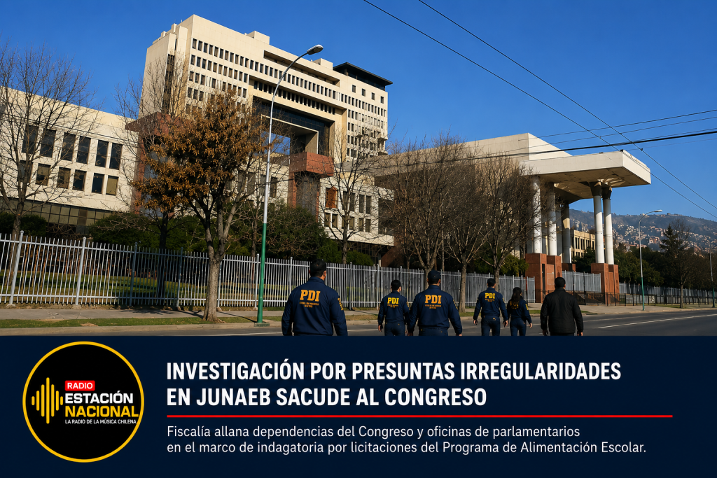 Investigación por presuntas irregularidades en Junaeb, con diligencias de la PDI y allanamientos vinculados al Congreso Nacional.