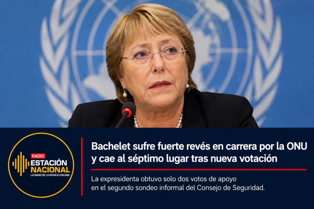 Michelle Bachelet durante actividad de Naciones Unidas, en nota sobre su caída al séptimo lugar en la carrera por la Secretaría General de la ONU.