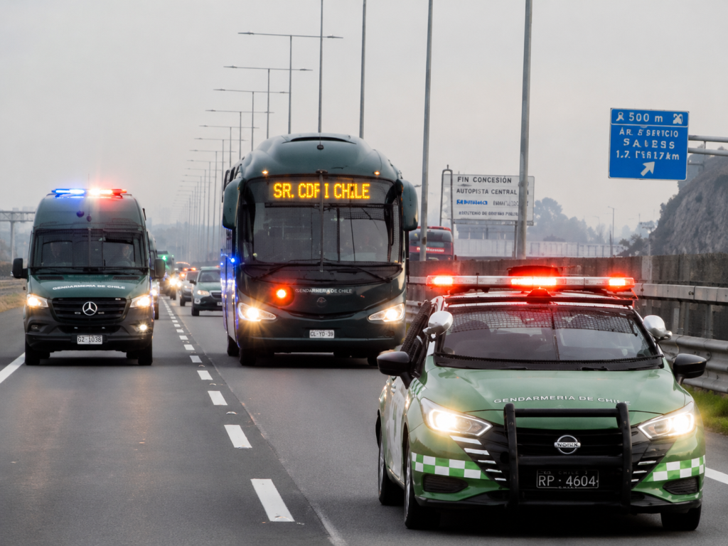 Convoy de Gendarmería traslada a reos de alta peligrosidad por la Ruta 5 Sur hacia la cárcel de Talca durante la Operación Cancerbero