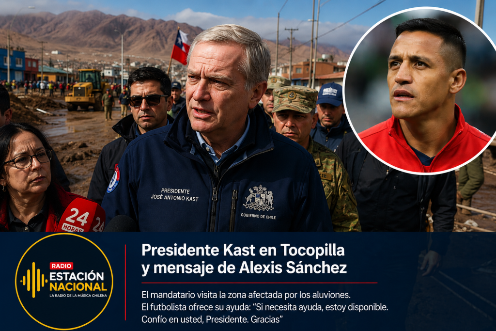 Presidente José Antonio Kast visita Tocopilla tras los aluviones, junto a un recuadro de Alexis Sánchez, quien ofreció su ayuda ante la emergencia.