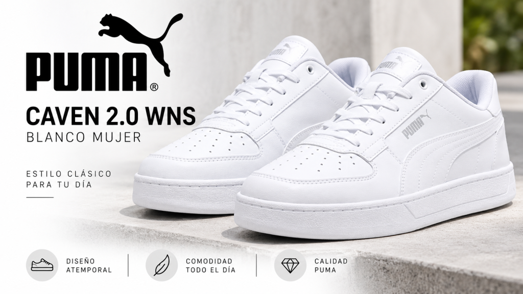 Zapatilla Puma Caven 2.0 Wns blanca para mujer, diseño clásico y cómodo para uso diario.