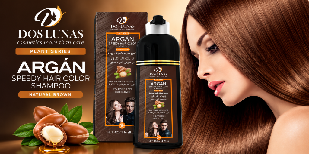 Shampoo Color Argán Dos Lunas para cubrir canas, con modelo de cabello castaño brillante.