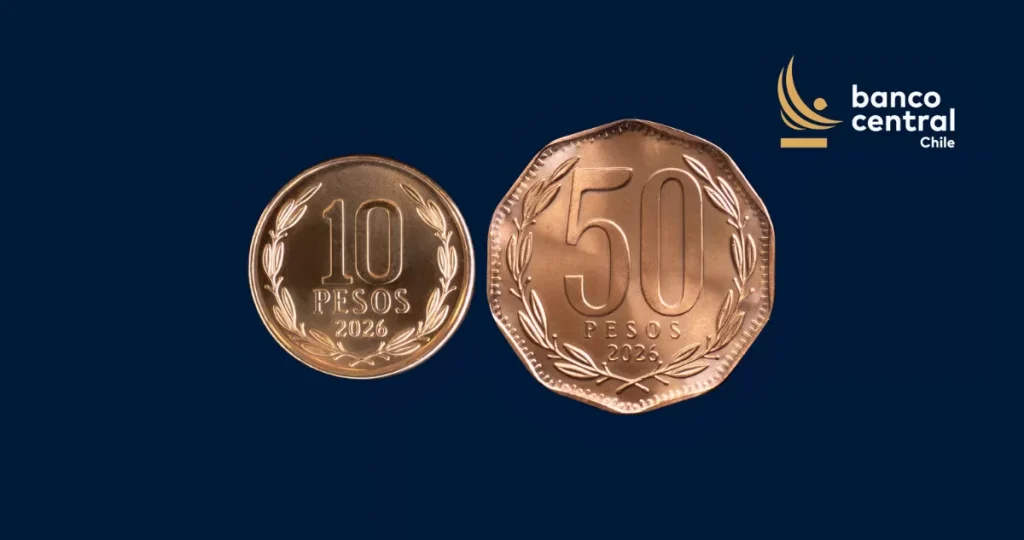 Nuevas monedas de $10 y $50 presentadas por el Banco Central de Chile en 2026.